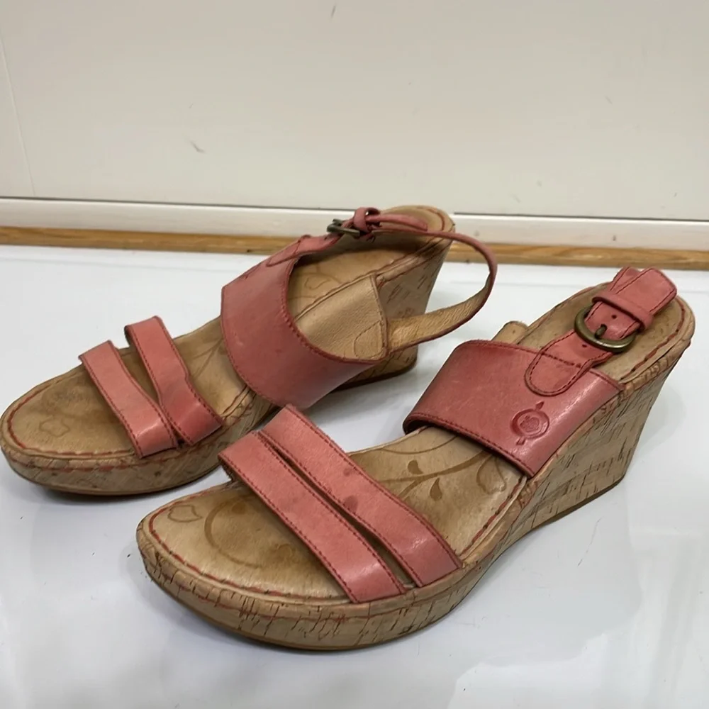 Born‎ Amabel Salmon Pink Leather Wedge Sandals Heel Summer Womens Size 7